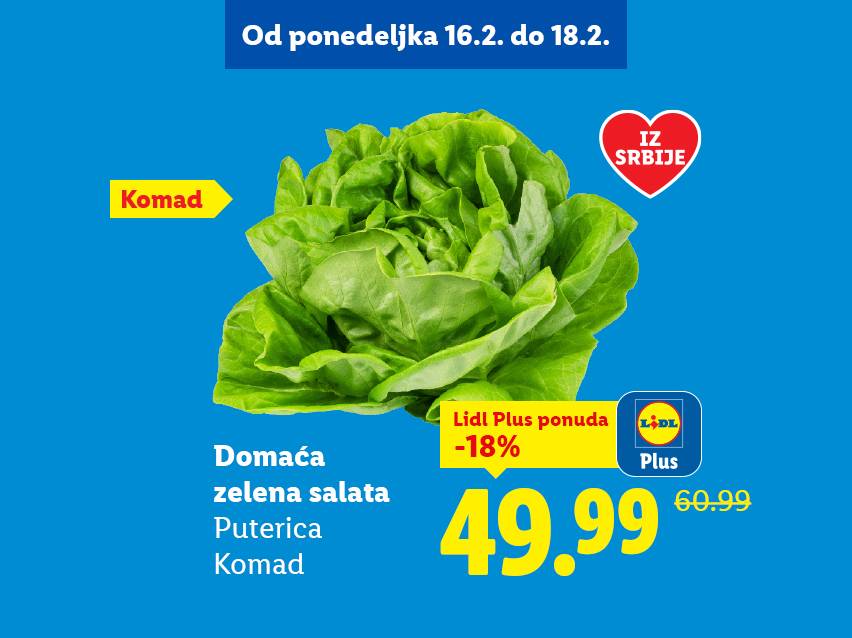 Reklama za zelenu salatu putericu iz Srbije, sa cenom od 49.99 i popustom od 18% za Lidl Plus korisnike, važi od 16. do 18. februara.
