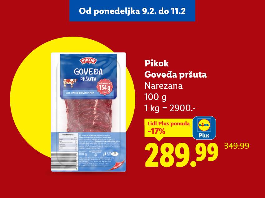 Pakovanje narezane goveđe pršute od 100g, sa cenom od 289.99 dinara, sniženo 17%.