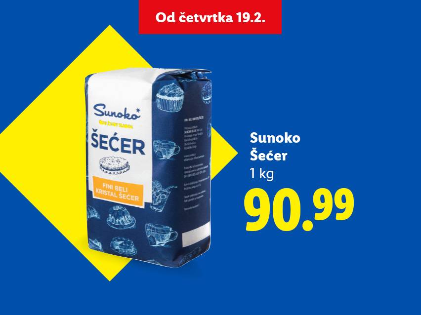 Pakovanje šećera od 1 kg, sa cenom 90.99, dostupno od četvrtka 19.2.