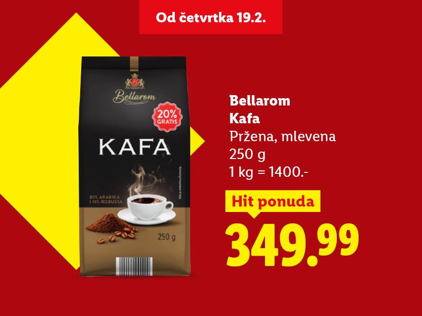 Pakovanje mlevene kafe sa 20% gratis, težine 250g, po ceni od 349.99.