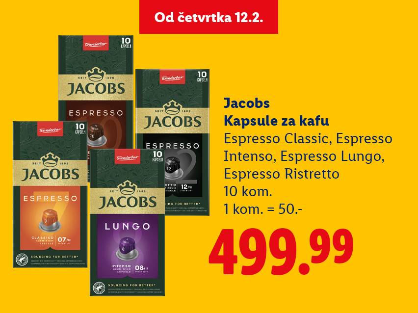 Kapsule za kafu različitih ukusa, uključujući Espresso Classic, Intenso, Lungo i Ristretto, 10 komada po pakovanju, cena 499.99.