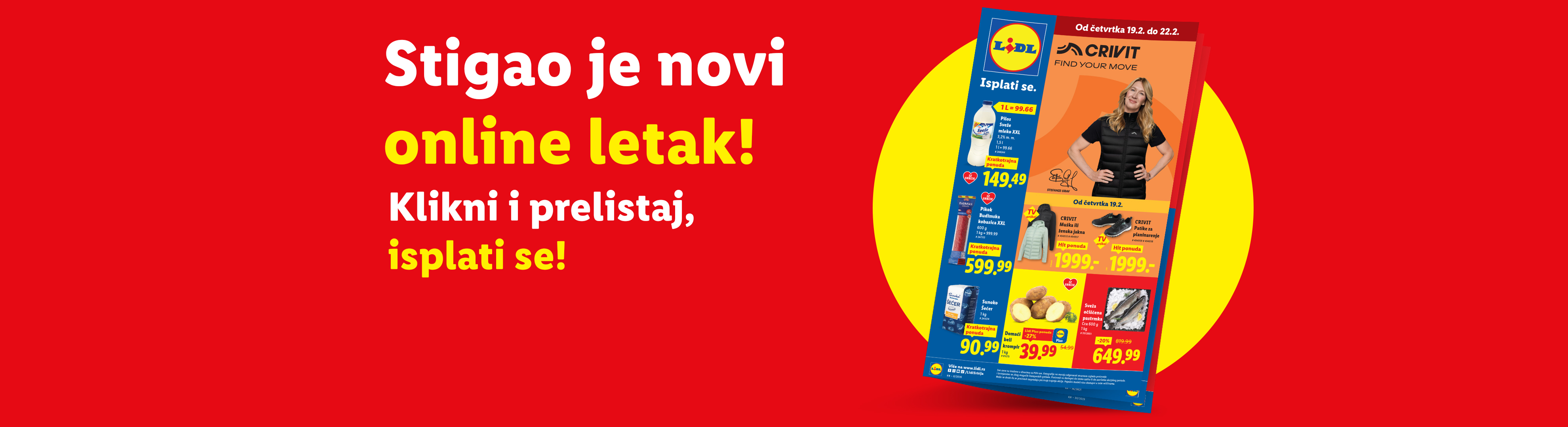 Reklama za novi online letak sa ponudama mleka, kobasice, šećera, jakni, patika i ribe.