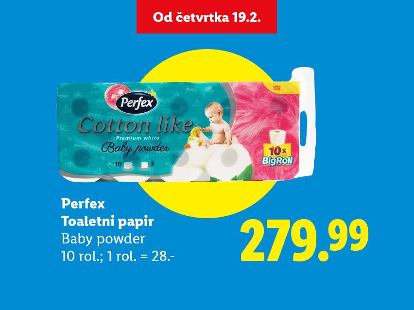 Pakovanje toalet papira sa mirisom bebi pudera, 10 rolni, sa cenom i datumom početka akcije.