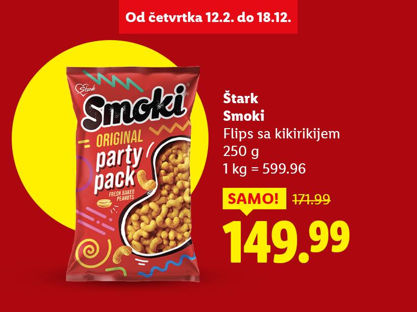 Pakovanje flipsa sa kikirikijem od 250g, sniženo sa 171.99 na 149.99, važi od 12. do 18. decembra.