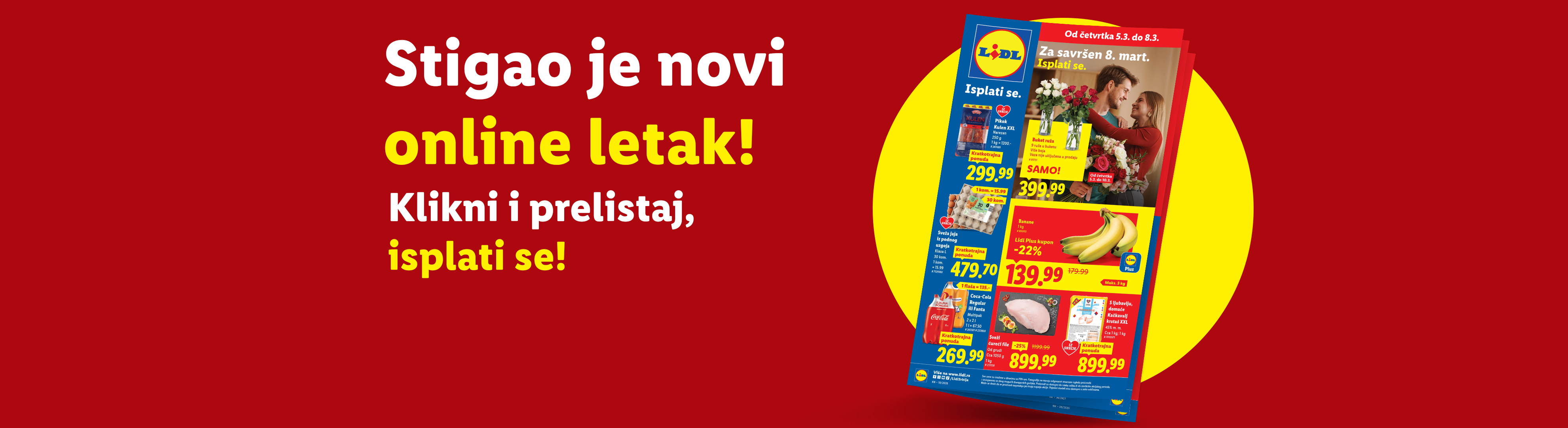 Lidl letak za 8. mart sa ponudama za suhomesnate proizvode, jaja, banane, pića i meso.