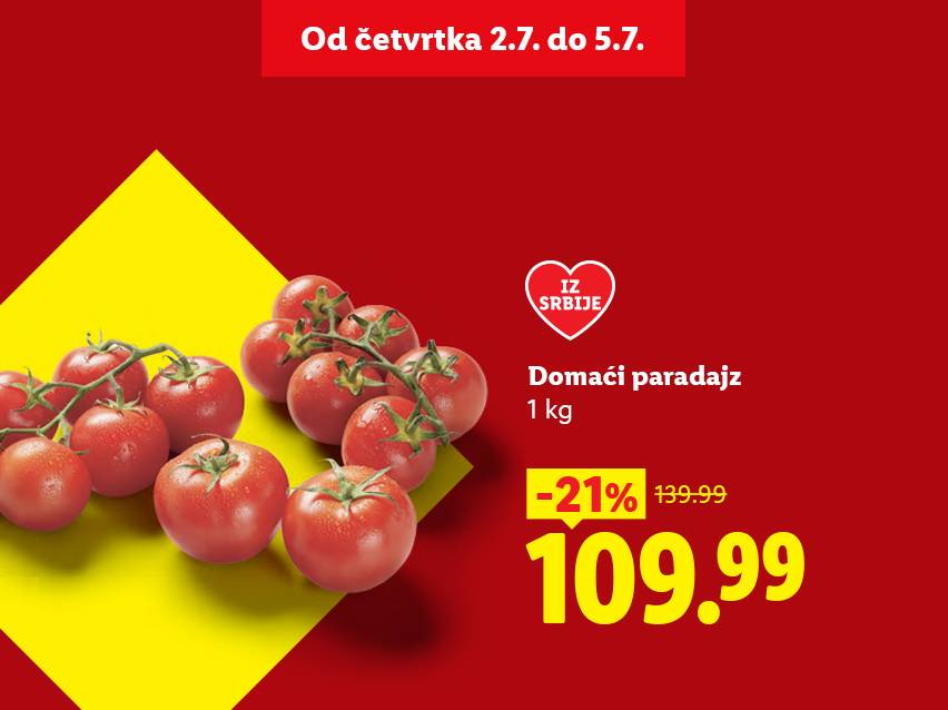 Domaći paradajz iz Srbije, 1 kg, snižen 21% na 109.99, važi od 2.7. do 5.7.