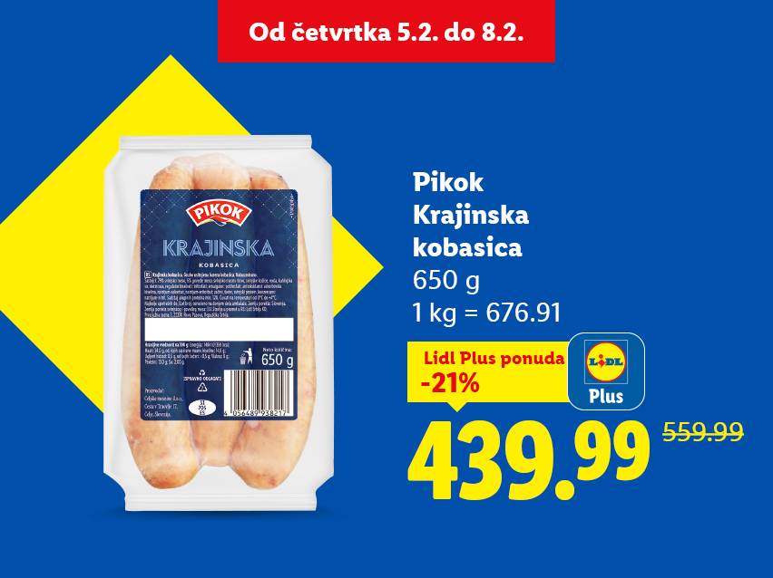 Pakovanje kobasica od 650g, sniženo sa 559.99 na 439.99 dinara, dostupno od četvrtka 5.2. do 8.2.