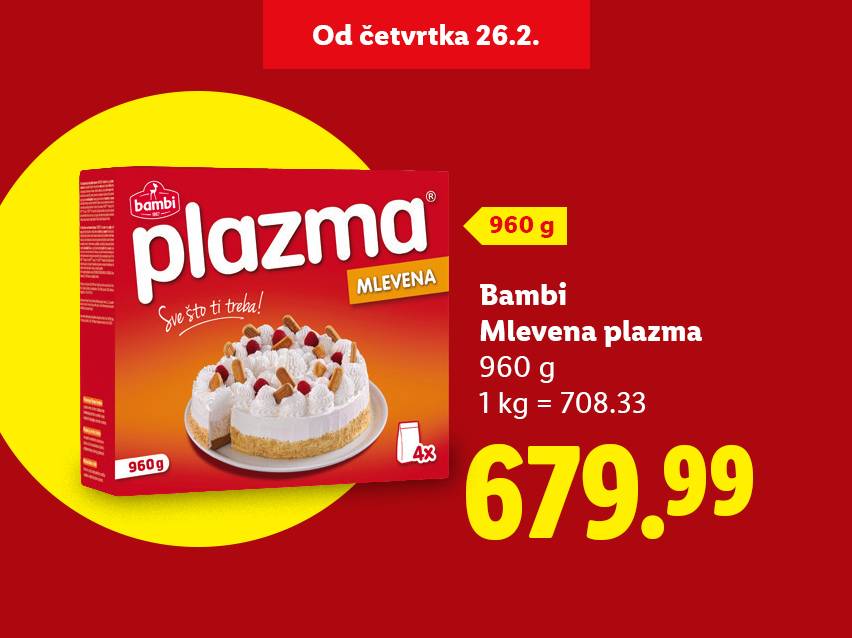 Mleveni keks u pakovanju od 960g, sa cenom od 679.99 i naznakom da je ponuda od četvrtka 26.2.