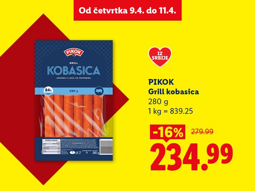 Pakovanje roštiljskih kobasica sa popustom od 16%, sniženo sa 279.99 na 234.99.