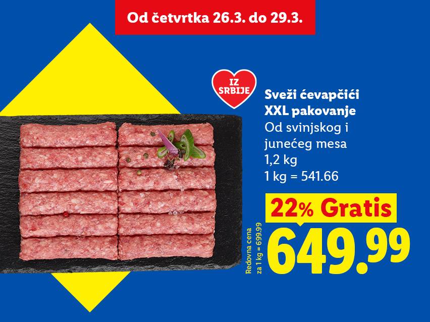 Sveži ćevapčići XXL pakovanje od svinjskog i junećeg mesa, 1.2 kg, 22% gratis za 649.99 RSD.