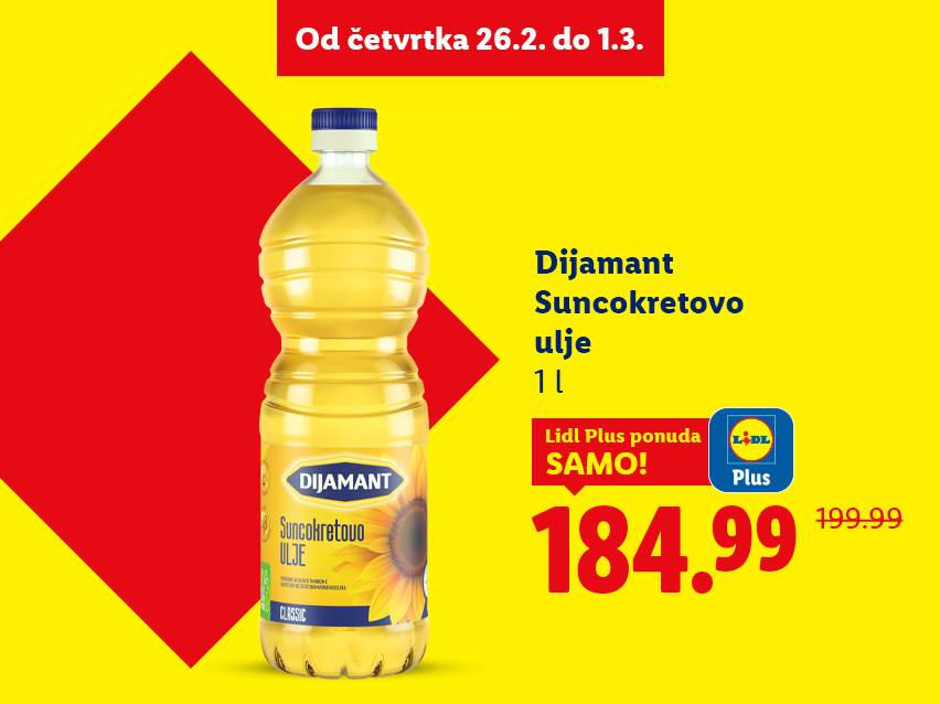 Ponuda suncokretovog ulja od 1L, snižena sa 199.99 na 184.99, važi od 26.2. do 1.3.