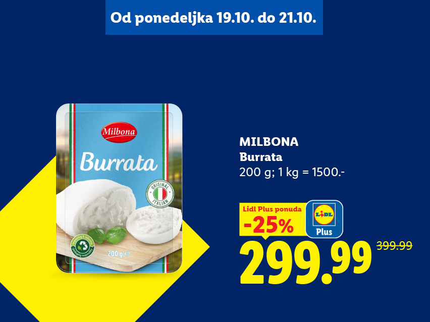Burata sir na akcijskom popustu od 25% uz Lidl Plus aplikaciju.