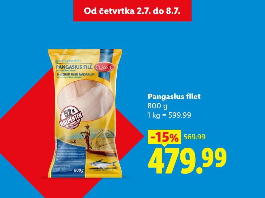 Pakovanje pangazijus fileta od 800g sa popustom od 15% i cenom od 479.99.