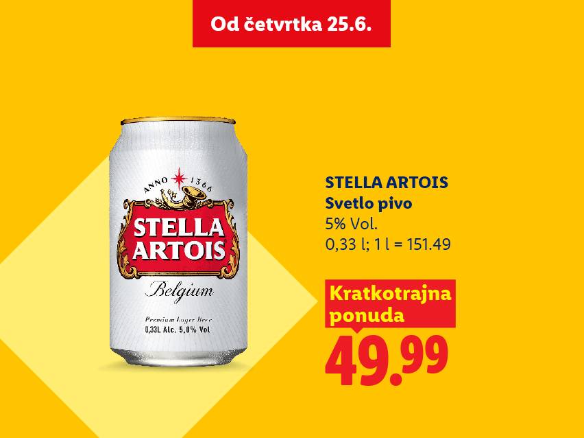 Ponuda piva od četvrtka 25.6. za 49.99, svetlo pivo 5% Vol., 0,33 l.