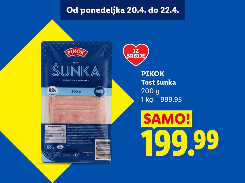 Pakovanje tost šunke od 200g, sa naznačenom cenom od 199.99 i informacijom o poreklu iz Srbije.
