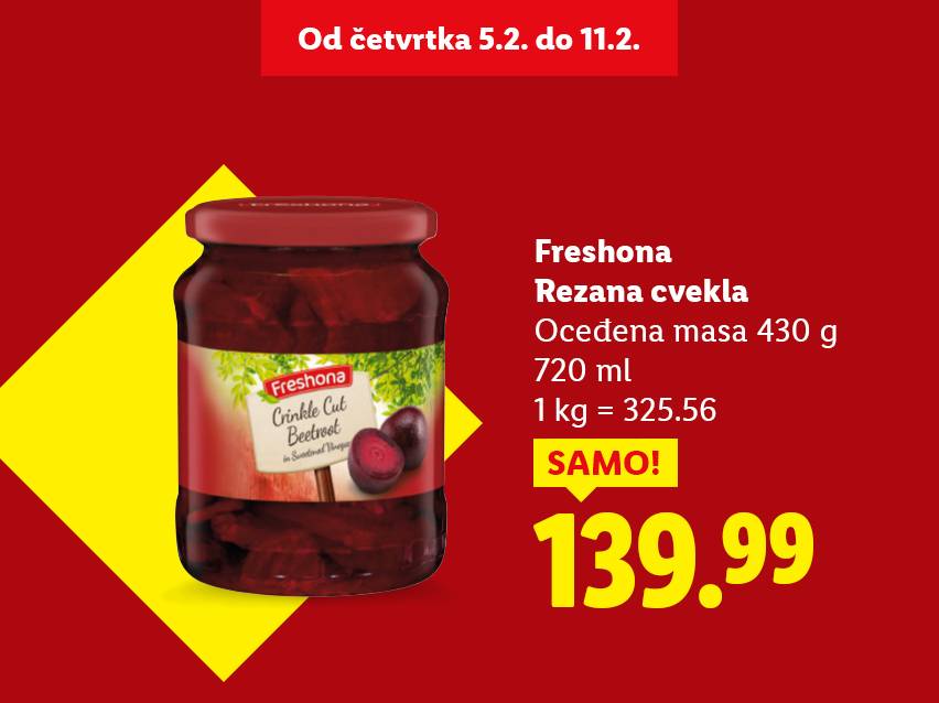 Tegla rezane cvekle sa informacijama o težini, zapremini i ceni, uz datum trajanja ponude.