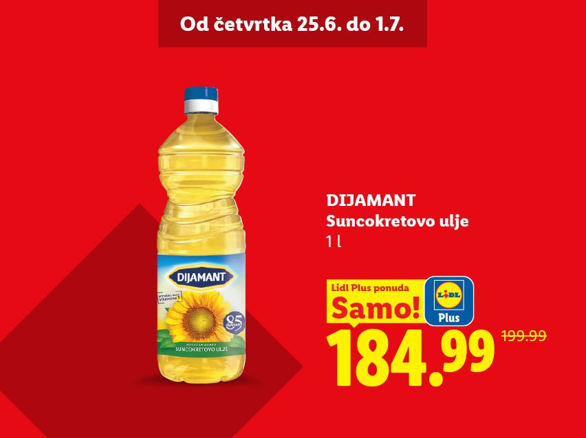 Promocija suncokretovog ulja od 25.6. do 1.7. za 184.99 dinara, uz Lidl Plus ponudu.