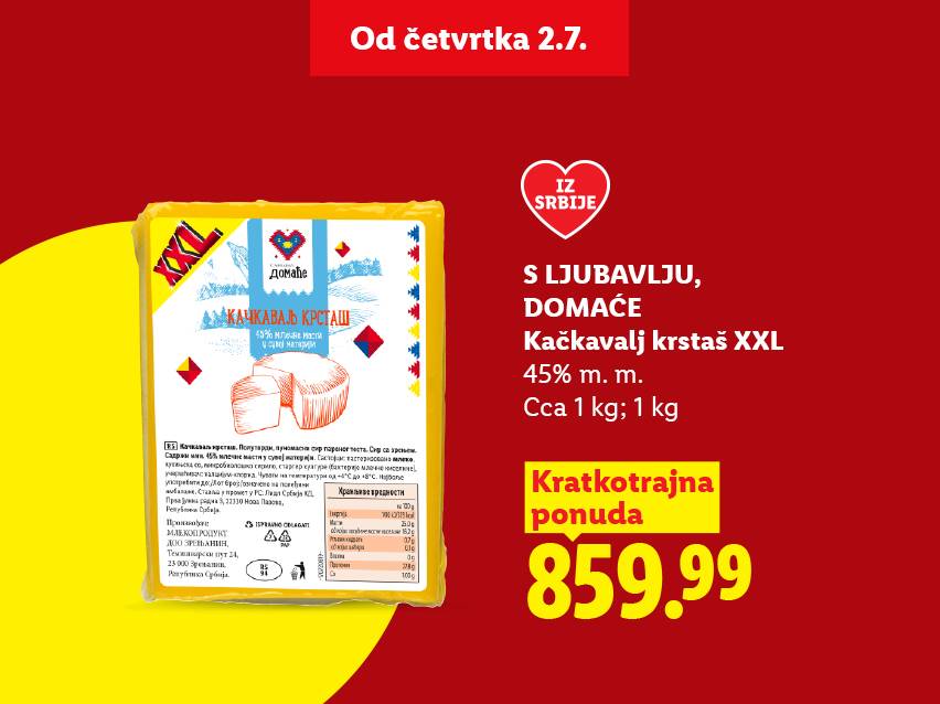Reklama za kačkavalj XXL, 45% mlečne masti, 1 kg, po ceni od 859.99 dinara.