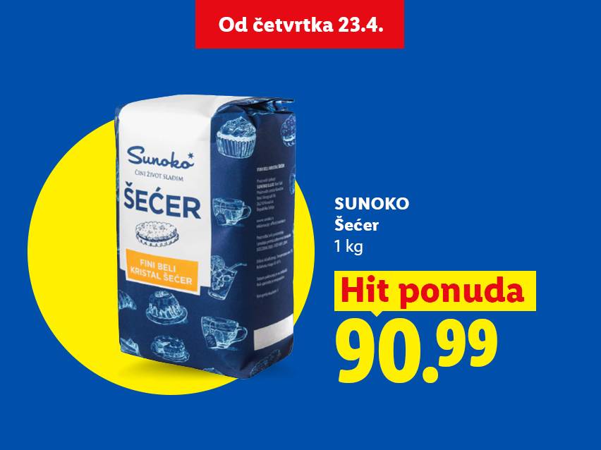 Pakovanje šećera od 1 kg, sa natpisom 'Hit ponuda' i cenom 90.99, dostupno od četvrtka 23.4.
