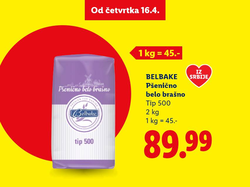 Pakovanje pšeničnog belog brašna tip 500, 2 kg, po ceni od 89.99, od četvrtka 16.4.