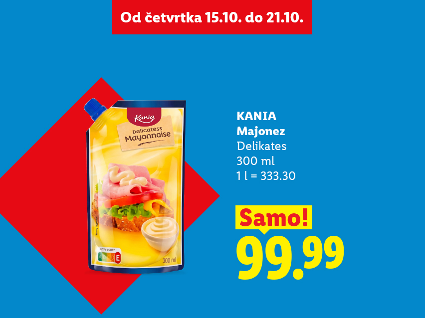 Majonez u kesici od 300 ml na akciji po ceni od 99,99 dinara.