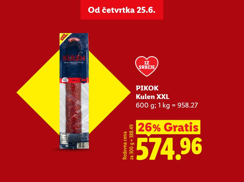 Reklama za Kulen XXL od 600g sa 26% popusta, sada 574.96, redovna cena za 300g je 388.49.
