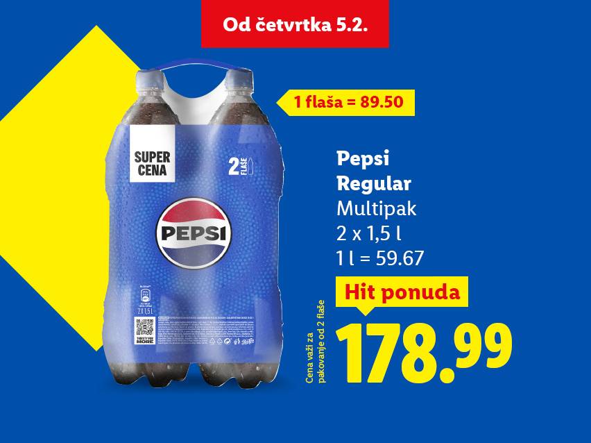 Ponuda za pakovanje od dve boce gaziranog pića od 1,5 litara, sa cenom od 178,99.
