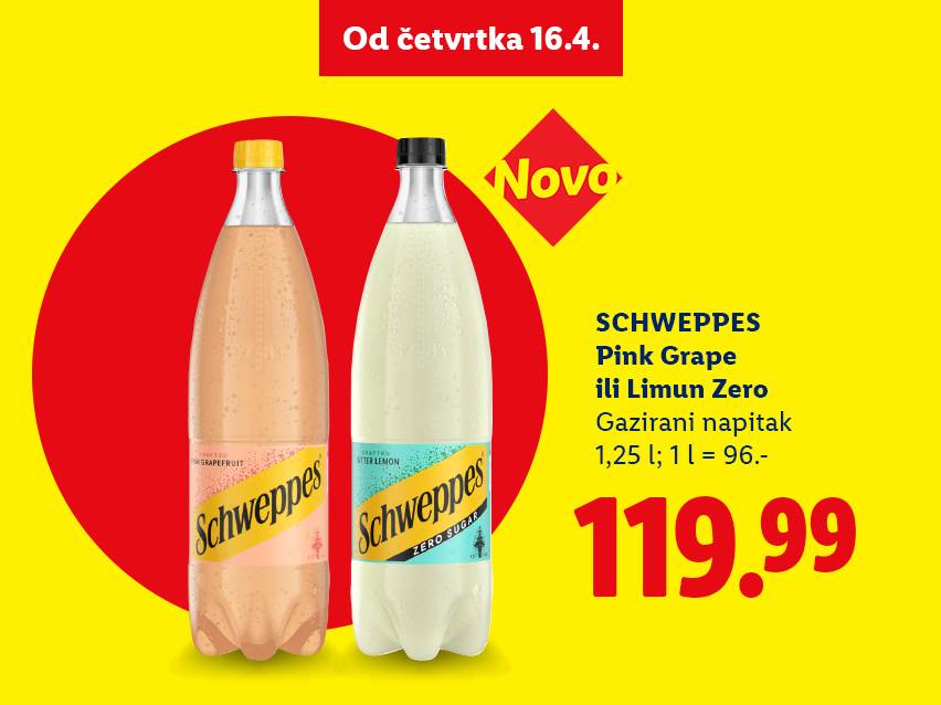 Dve boce gaziranog pića, roze grejpfrut i limun zero, sa cenom i datumom početka akcije.