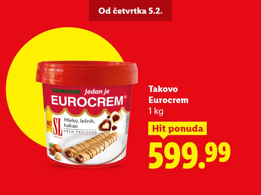 Tegla krem proizvoda sa ukusom mleka, lešnika i kakaoa, sa naznačenom cenom i datumom početka ponude.