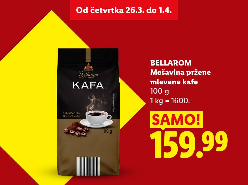 Pakovanje pržene mlevene kafe od 100g, sa naznačenom cenom i datumom trajanja akcije.