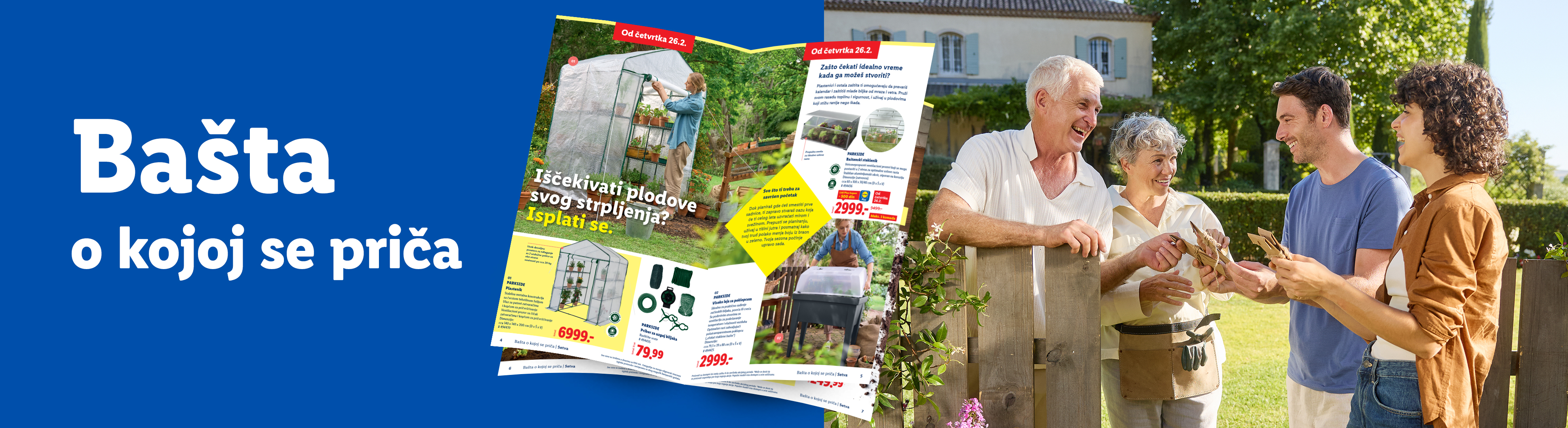 Katalog sa ponudom plastenika, visokih leja i pribora za uzgoj biljaka, sa porodicom u bašti.