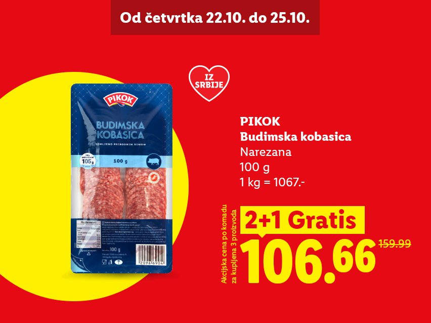 Akcijska ponuda za budimsku kobasicu, narezanu, u pakovanju od 100 grama.