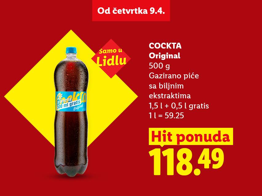 Ponuda gaziranog pića sa biljnim ekstraktima, 1,5L + 0,5L gratis, po ceni od 118.49, dostupna od četvrtka 9.4. samo u Lidlu.