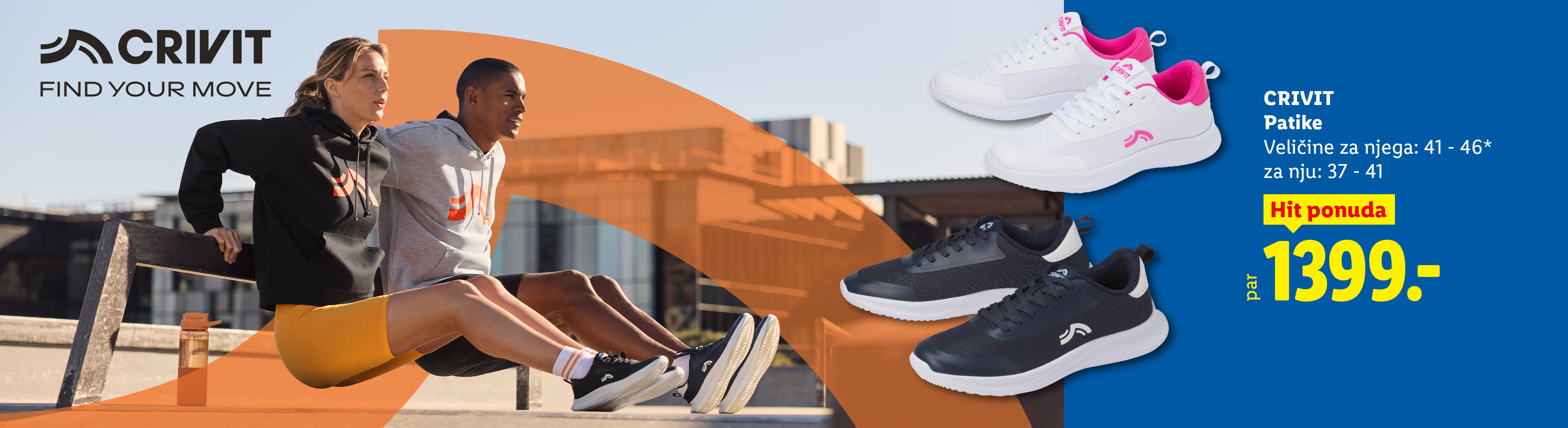 Muške i ženske patike za vežbanje, dostupne u beloj i tamnoplavoj boji, sa cenom od 1399 dinara.