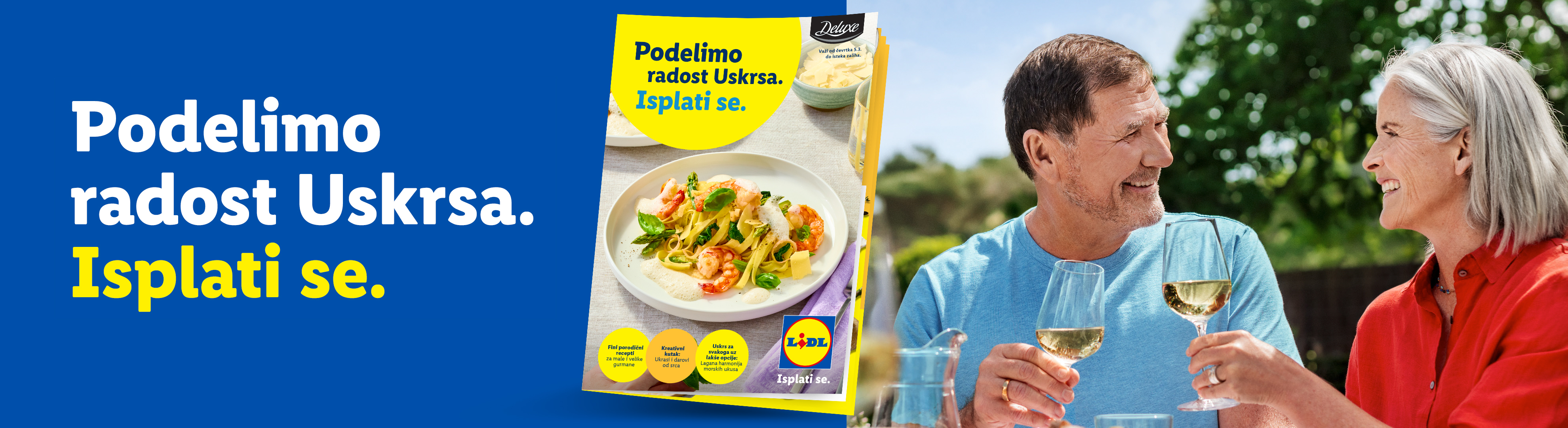 Par testenine sa škampima i šparglama, uz tekst „Podelimo radost Uskrsa. Isplati se.“