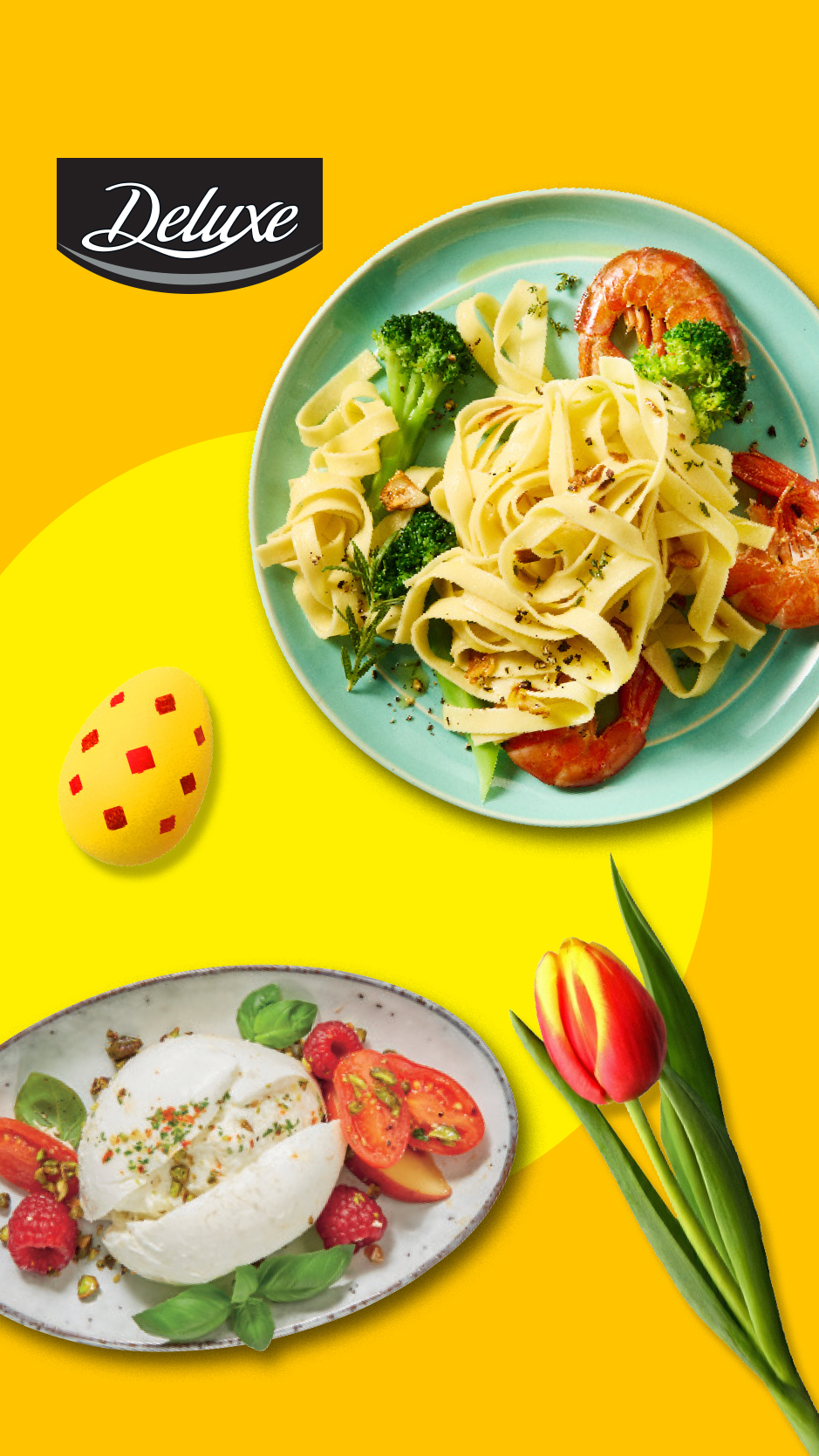 Praznična trpeza sa testeninom, brokolijem, škampima, buratom, malinama i tulipanom.