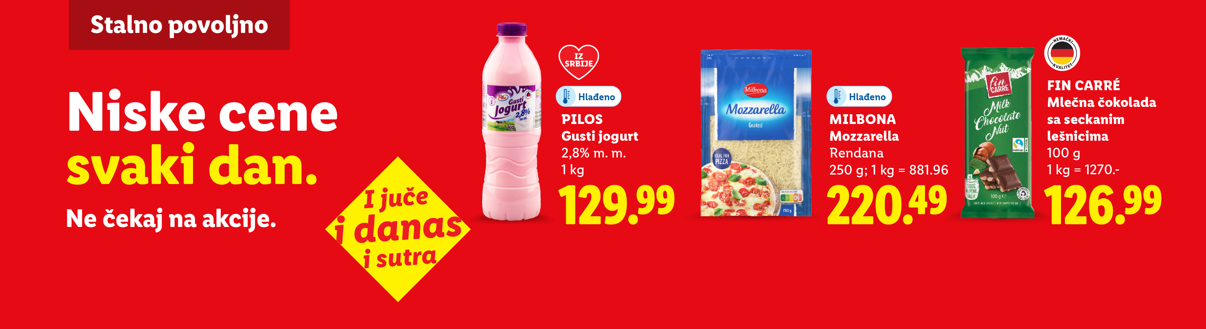 Reklama za jogurt, rendanu mocarelu i mlečnu čokoladu sa lešnicima, sa istaknutim niskim cenama.
