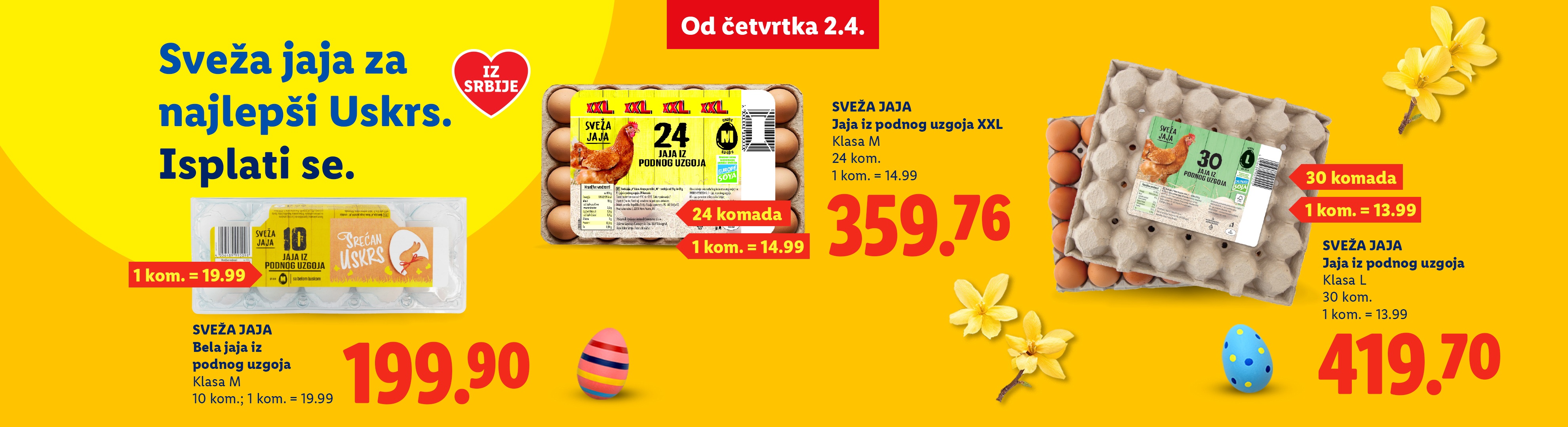 Reklama za sveža jaja za Uskrs, sa pakovanjima od 10, 24 i 30 komada i cenama.