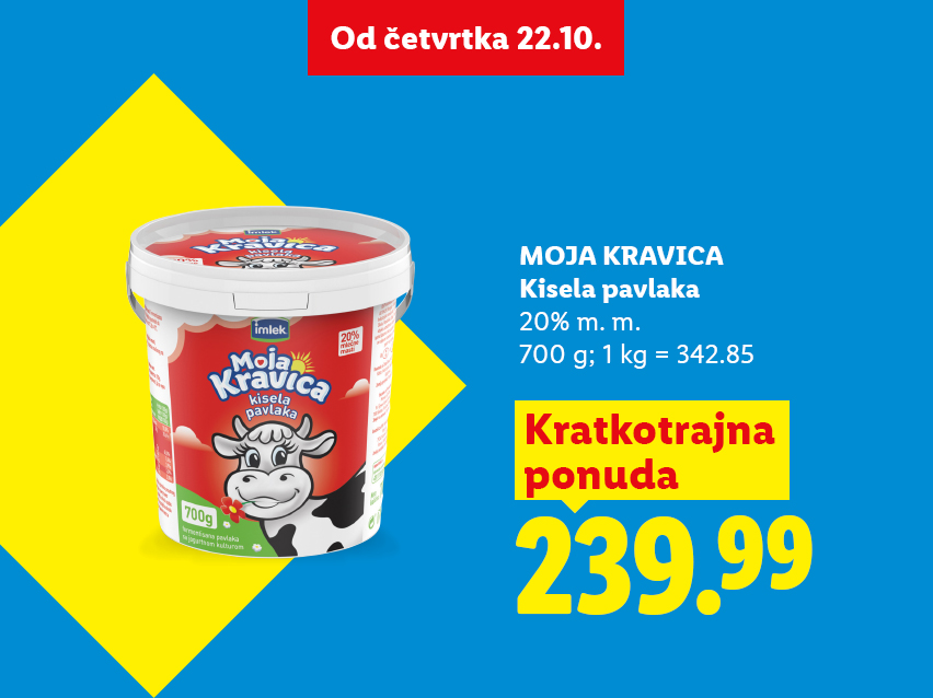 Kisela pavlaka 20% m. m. od 700 g na kratkotrajnoj ponudi za 239.99 dinara.