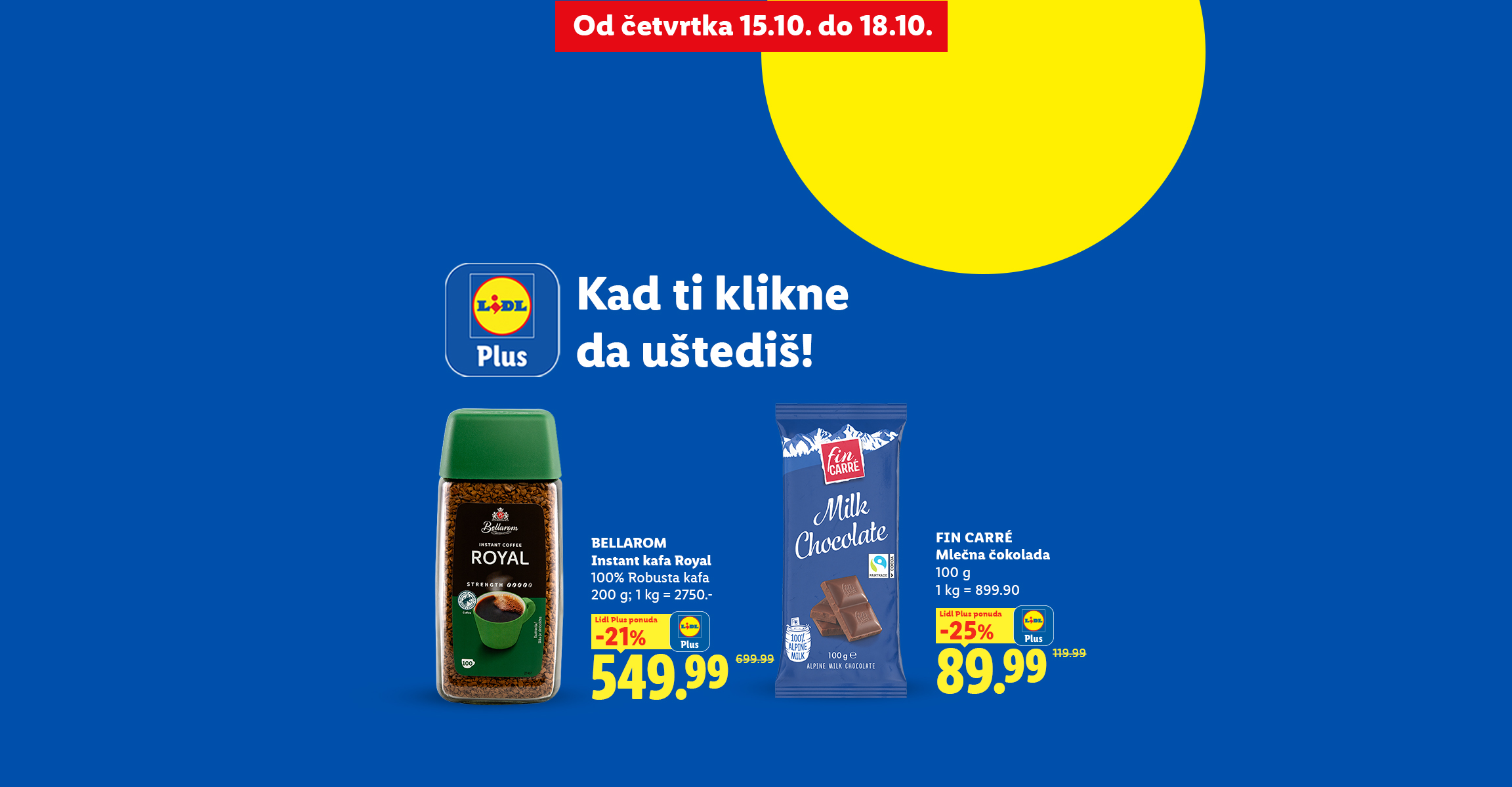 Promotivni baner sa instant kafom i mlečnom čokoladom na akciji uz aplikaciju.