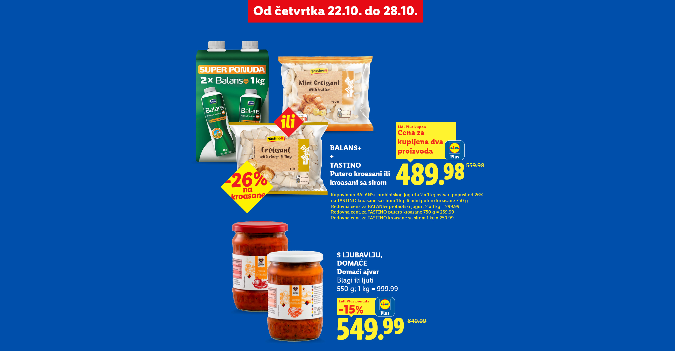 Akcijska ponuda domaćeg ajvara, jogurta i kroasana uz kupone u mobilnoj aplikaciji.