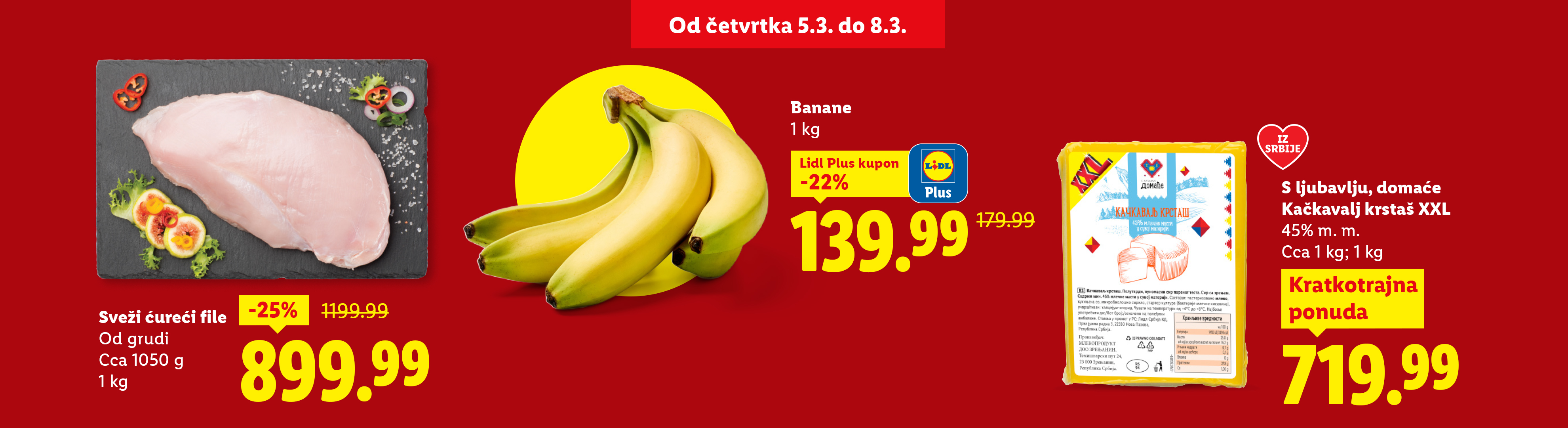 Ponuda svežeg ćurećeg filea, banana i kačkavalja sa popustima.