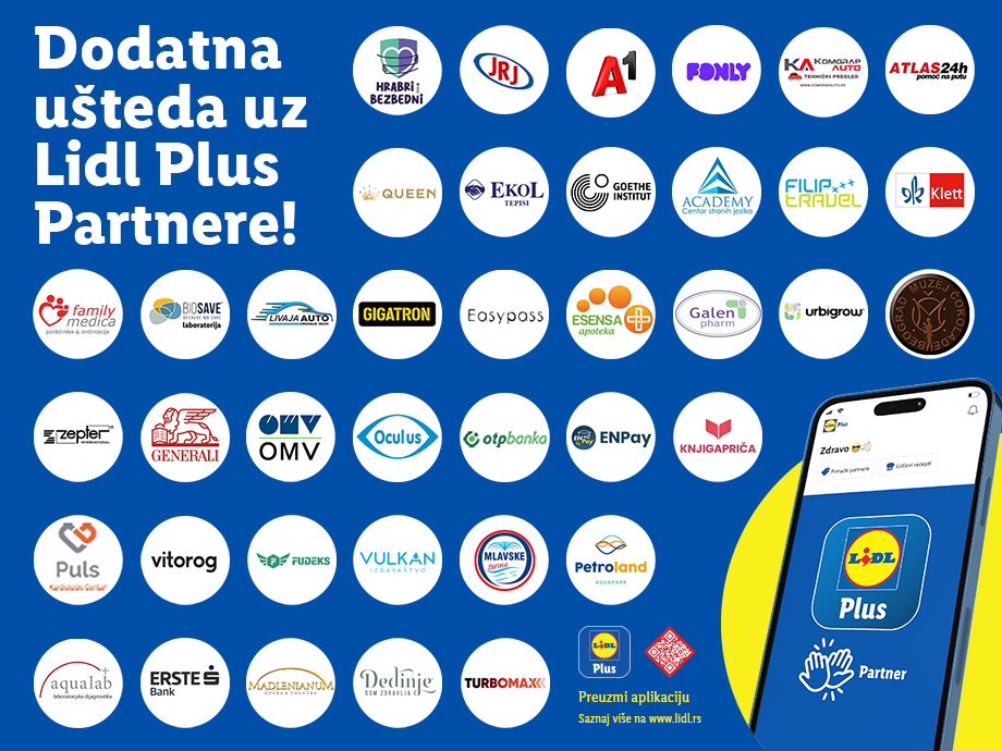 Dodatna ušteda uz Lidl Plus partnere, prikazujući logotipe raznih partnera i aplikaciju.