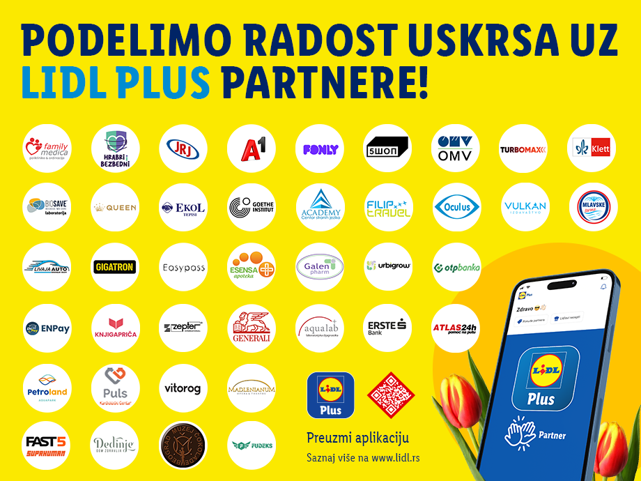 Lidl Plus partneri za Uskrs, sa logotipima raznih kompanija i telefonom sa aplikacijom.
