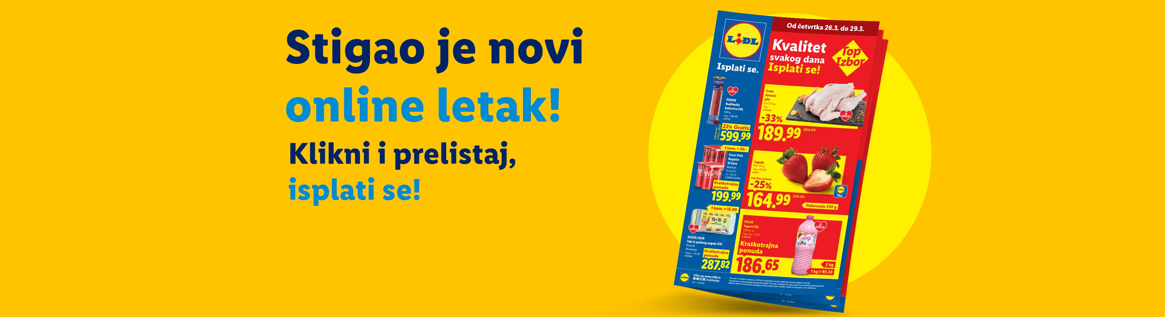 Novi online letak sa ponudama za sveže meso, jagode, jaja i pića, uz poruku 'Stigao je novi online letak! Klikni i prelistaj, isplati se!'
