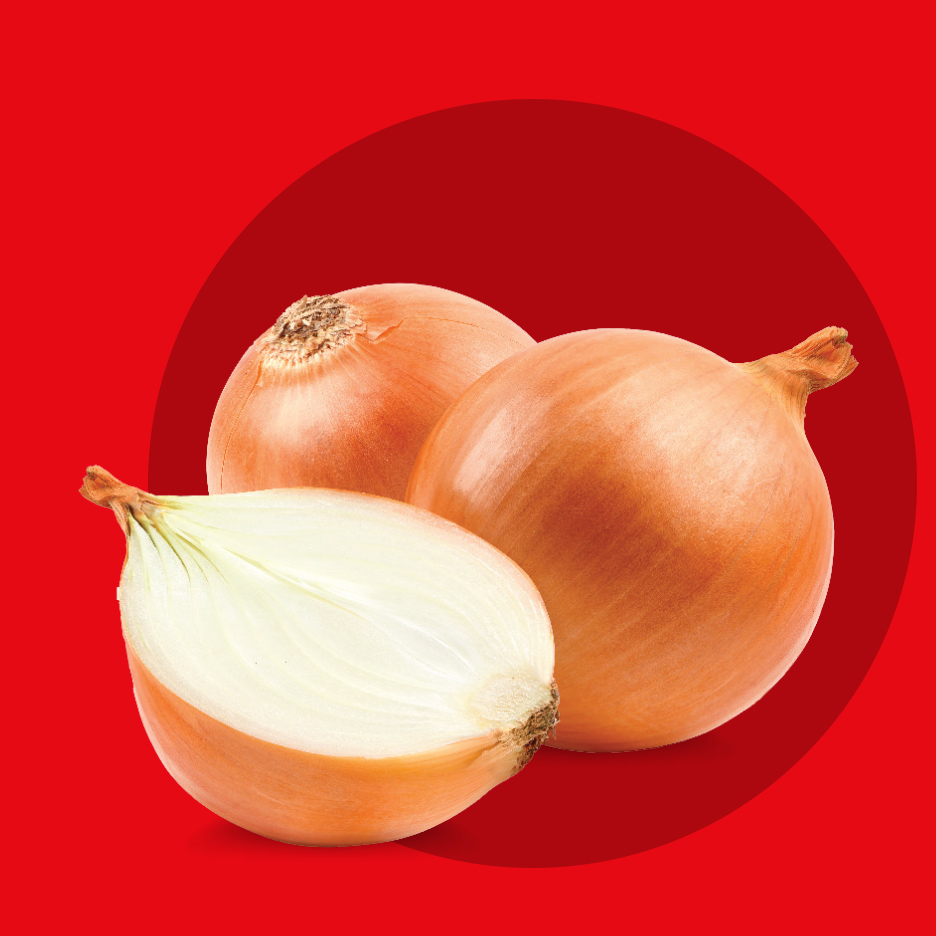 Tri žuta luka, jedan prepolovljen, na crvenoj pozadini.