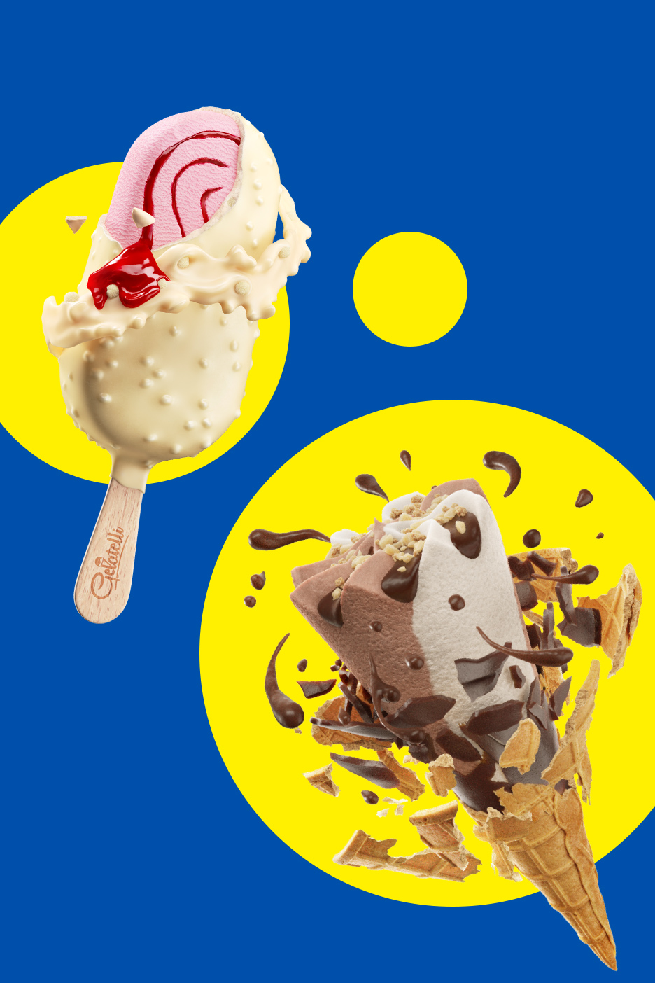 Sladoled na štapiću sa prelivom od jagode i kornet sa čokoladom i orasima na plavoj pozadini.