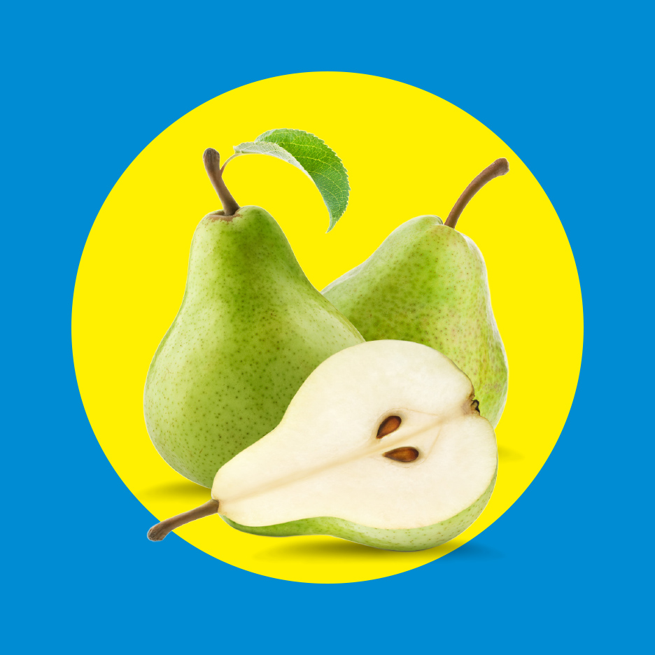 Tri zelene kruške, jedna presečena na pola, na žutom krugu i plavoj pozadini.