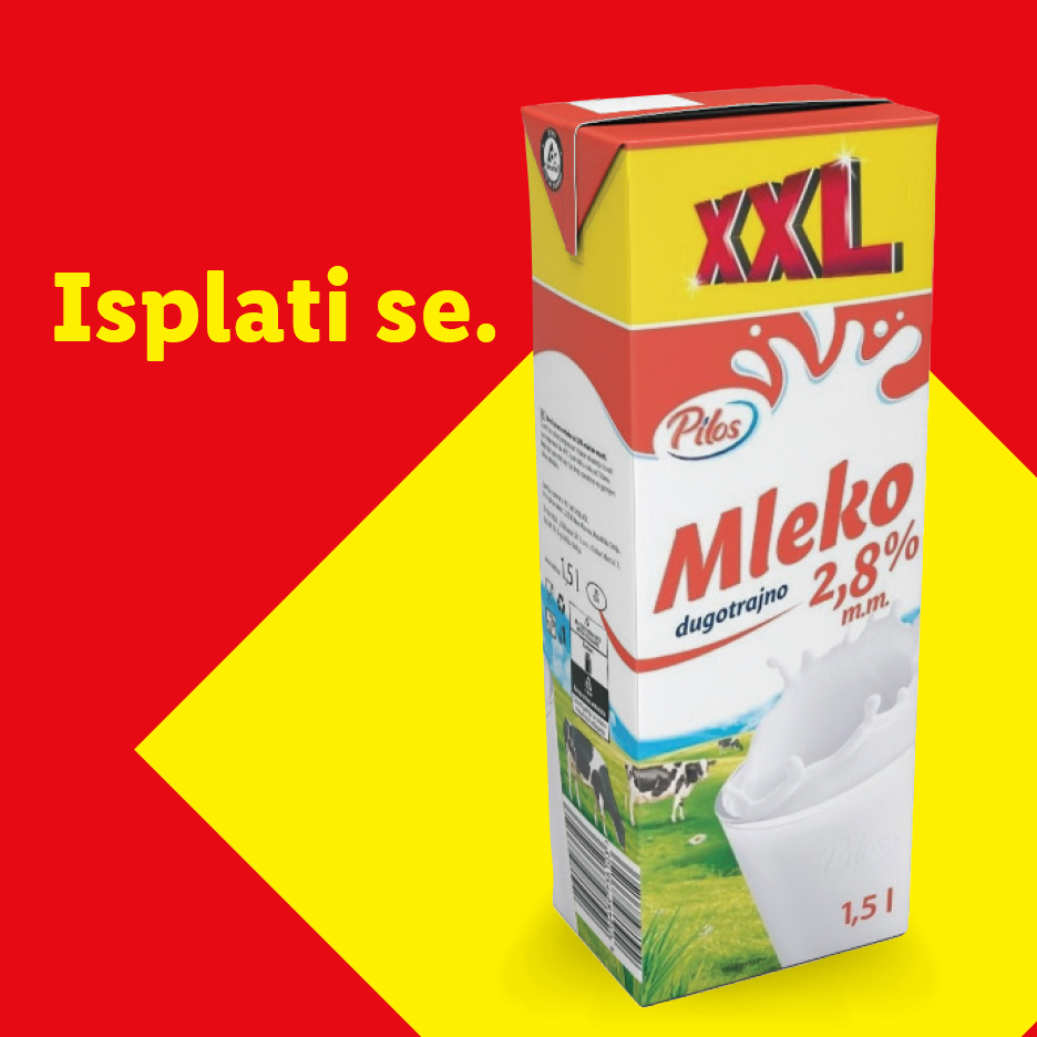 Karton mleka dugotrajnog 2,8% m.m. u XXL pakovanju od 1,5L, sa tekstom 'Isplati se'.