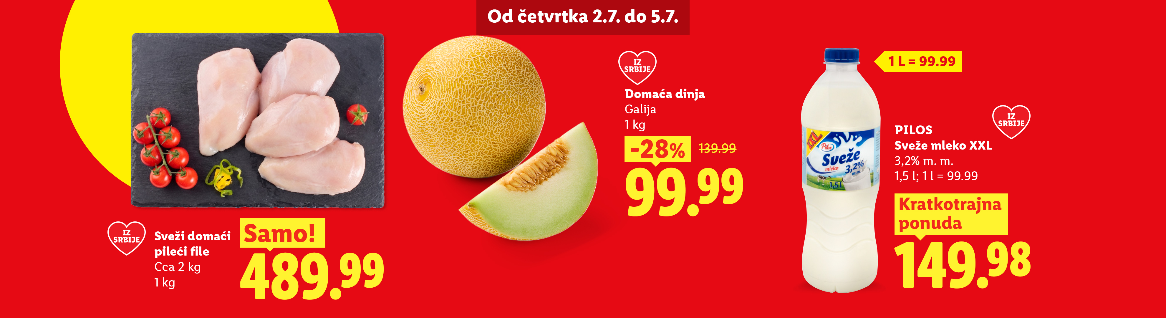 Reklama za sveže pileće filete, dinju i sveže mleko sa cenama i popustima.